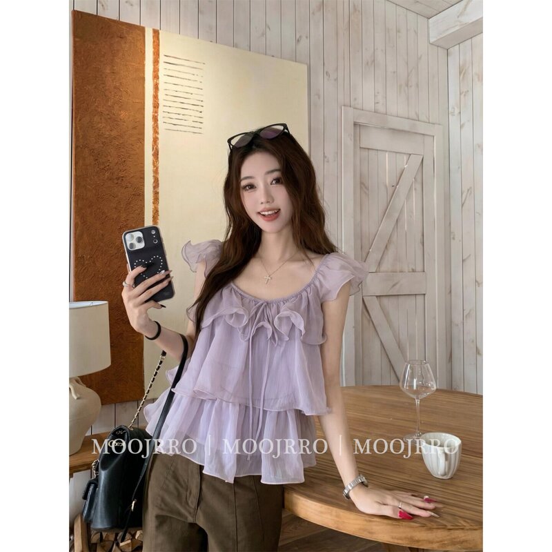 Purple Ruffled Sleeveless Shirt for Women, Summer French Style, Gentle and Sweet, Loose Fit, Slimming, Unique and Stunning Top
