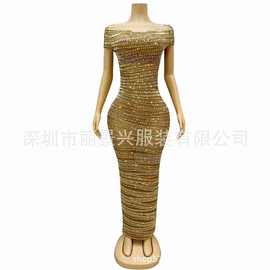 跨境演出服一字肩晚礼服婚礼主持司仪敬酒服生日派对礼服明星红毯
