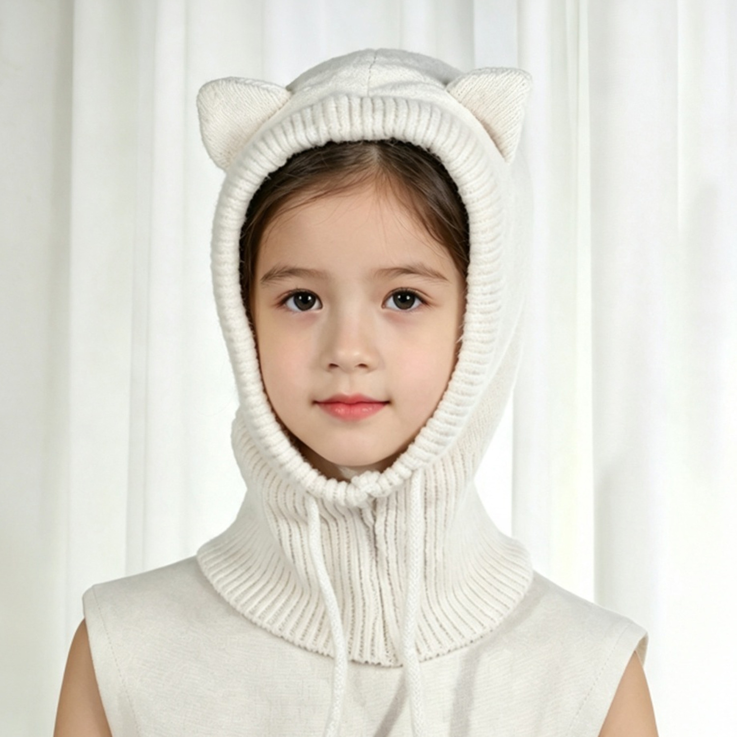 Korean-style children's cat ear knitted hat, autumn and winter warm ear protection hat, baby one-piece neck warmer with drawstring, custom-made
