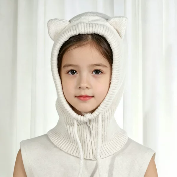 Korean-style children's cat ear knitted hat, autumn and winter warm ear protection hat, baby one-piece neck warmer with drawstring, custom-made