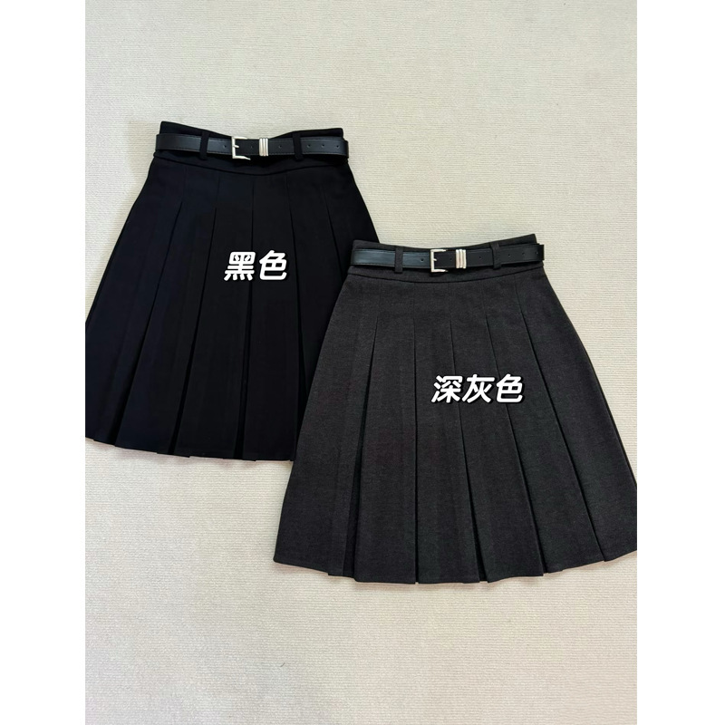 小红薯爆款~秋冬学院风深灰色毛呢百褶半身裙女高腰显瘦A字中裙子|undefined