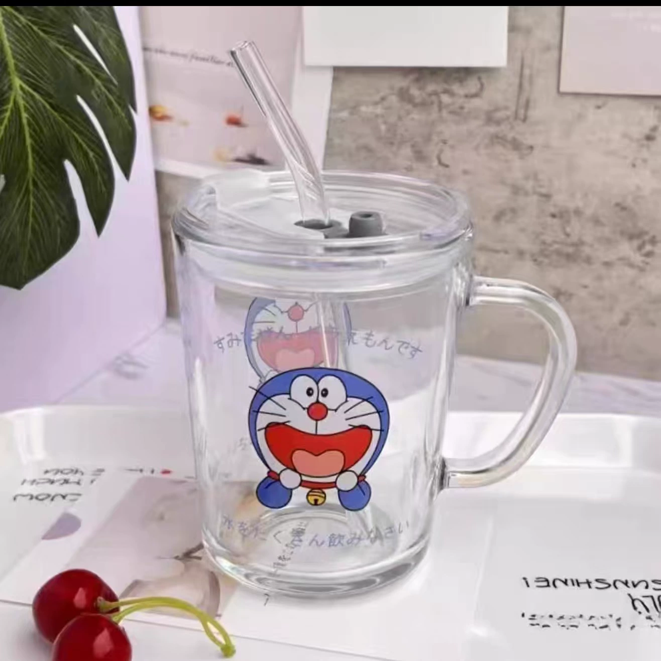 Children's Cartoon Glass Mug, 401–500 ml, Glass Straw & Dustproof Lid, Handle
