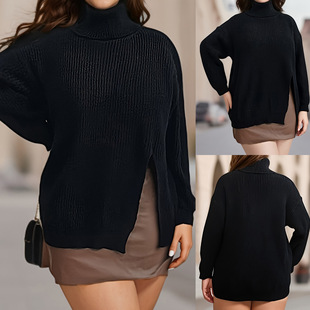 Women's Split Mid-length Top Cross-border European and American plus size Women's High Collar Lose Pullover Sweater F888