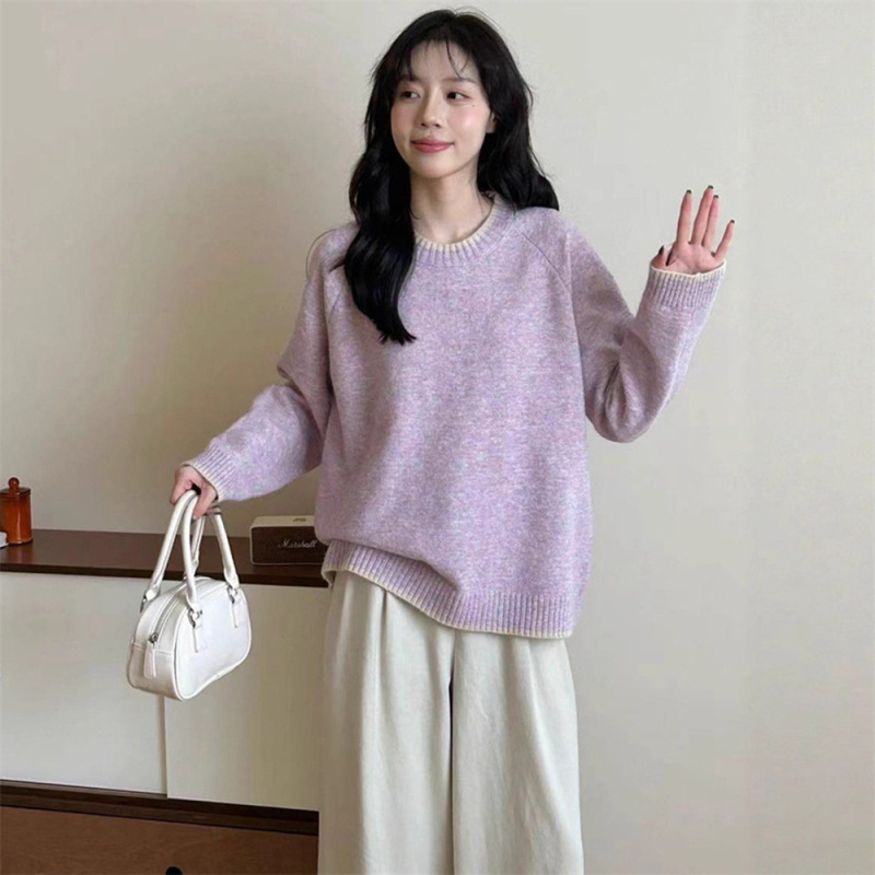 韩系简约拼色圆领毛衣女装秋冬新款慵懒风宽松休闲软糯针织衫外穿|undefined