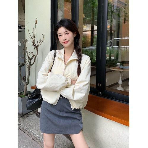 设计感抽绳立领冲锋衣外套女春秋休闲宽松小个子拉链开衫夹克上衣|undefined