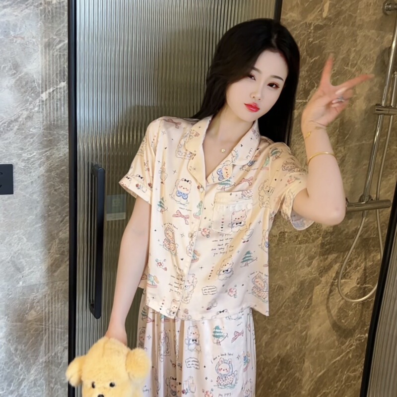 Summer Elegant Cute Casual Slimming Pajamas in stock Women's Short-sleeved Trousers Home Clothes suit Outwear Age Reducing