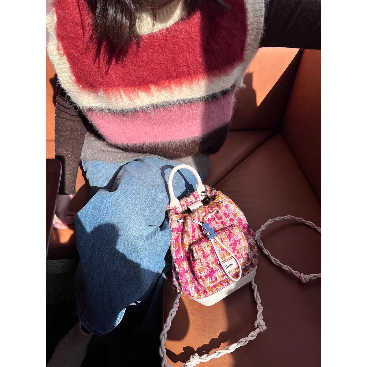 Tagi.mini pintor bolsos de hombro tejidos a mano correas de hombro con bolsillo de viaje cubos de extracción de cuerda bolsos de boca