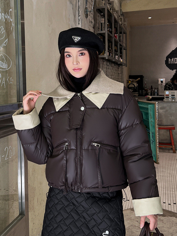 外贸小个子pu皮2025短款羽绒棉服女冬季针织新款撞色保暖棉袄外套|undefined