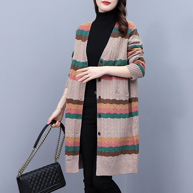 Autumn and Winter 2025 New Women's Sweater Jacket Korean Style V Neck Elegant Loose Long Retro Knitted Cardigan Jacket
