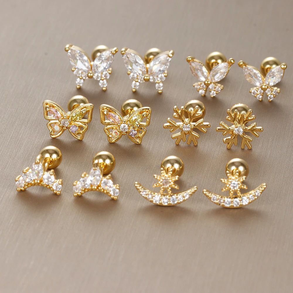 6g Weight 304 Stainless Steel Ear Needle Material Zircon Inlay Material Ear Studs Classification 1 Pair Vintage Style Classic Style Geometric Butterfly Snowflake Plating 304 Stainless Steel Zircon Ear Studs