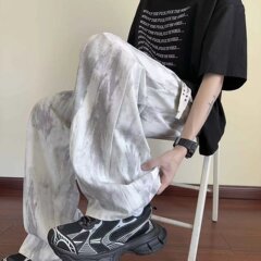 快適な通気性カジュアルパンツを染めた男性の夏の新しいファッションのゆるいワイドパンツのファッションブランドの垂直感のあるストレートパンツ