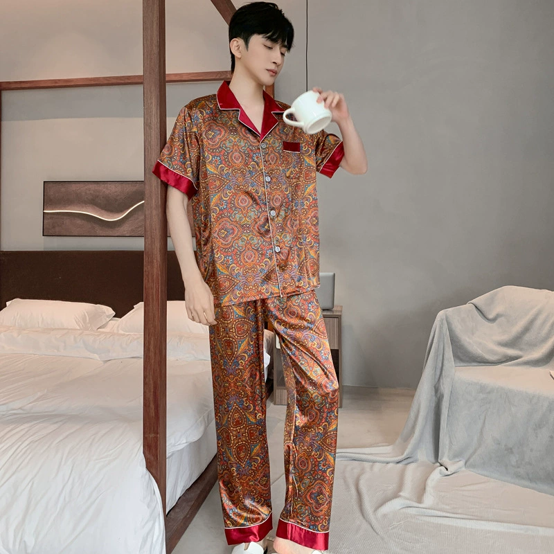 Summer pijama, men's silk thin trousers, set, with short sleeve, for teenagers