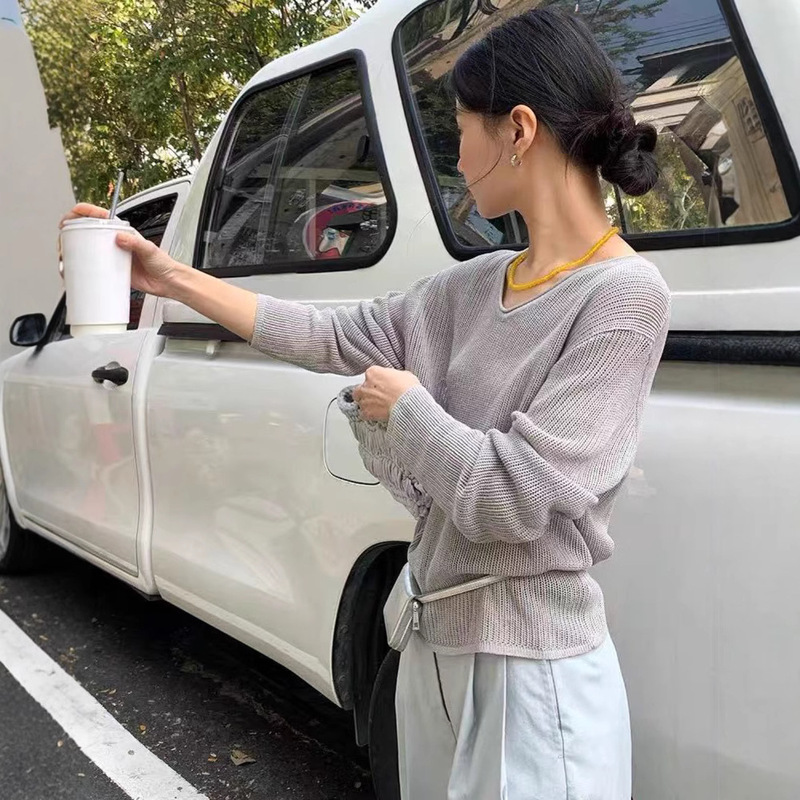 Korean Style Cut Out High-End Lazy Curled V Neck Tianshuang Linen Knitwear for Women Spring and Summer Simple and Durable Air-Conditioning Cover