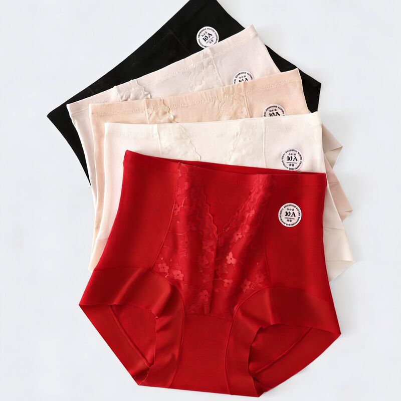 10A Antibacterial Red High-Waisted Women's Pure Cotton Panties with Lace, Extended Crotch, Boxer Briefs for Women