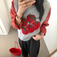 韩系休闲风西红柿提花针织马甲背心女秋季新款宽松百搭叠穿马夹