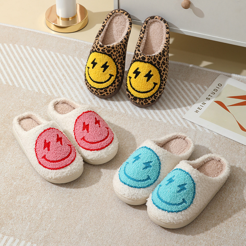 Cross-border Winter Lightning smiley face cotton slippers wholesale women's indoor household non-slip home autumn and winter warm slippers