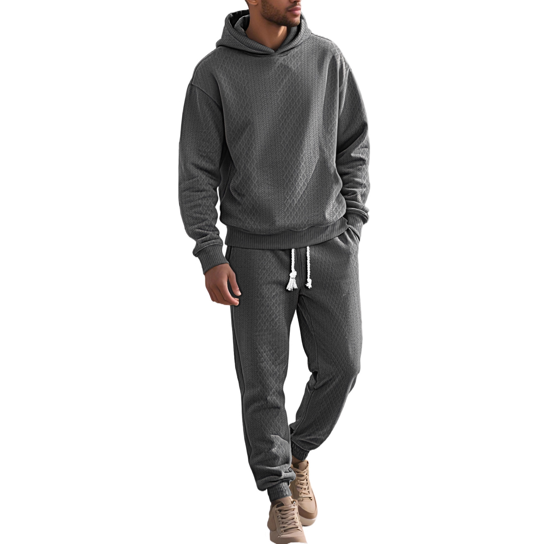 Transfronterizos TK primavera y otoño hombre deportivo relajado pantalones largos de manga larga Jacquard grande conjunto de sudadera con capuz