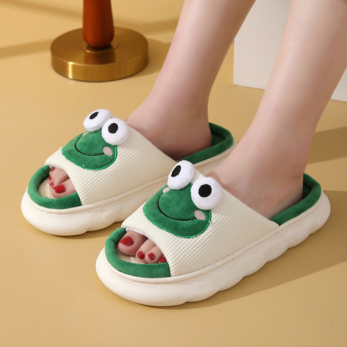 Boys and girls all seasons cute frog home linen slippers for men and women couples indoor non-slip thick-soled sandals and slippers