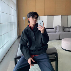 秋冬季超好看连帽毛衣男半高套头针织衫男潮牌情侣套头连帽上衣男