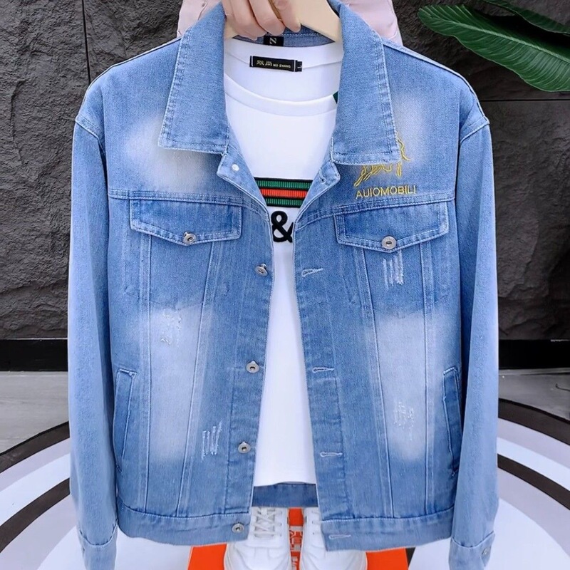 Spring and Autumn Korean Style Slim Fit Men's Casual Classic Fashion Versatile Embroidered Denim Lapel Jacket A-08