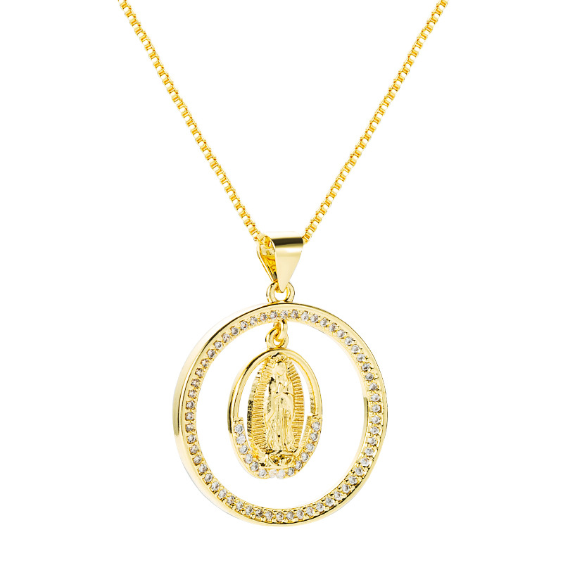 Collier De Zircon Incrusté De Cuivre Avec Pendentif Croix Vierge Marie Creuse Ronde À La Mode display picture 7