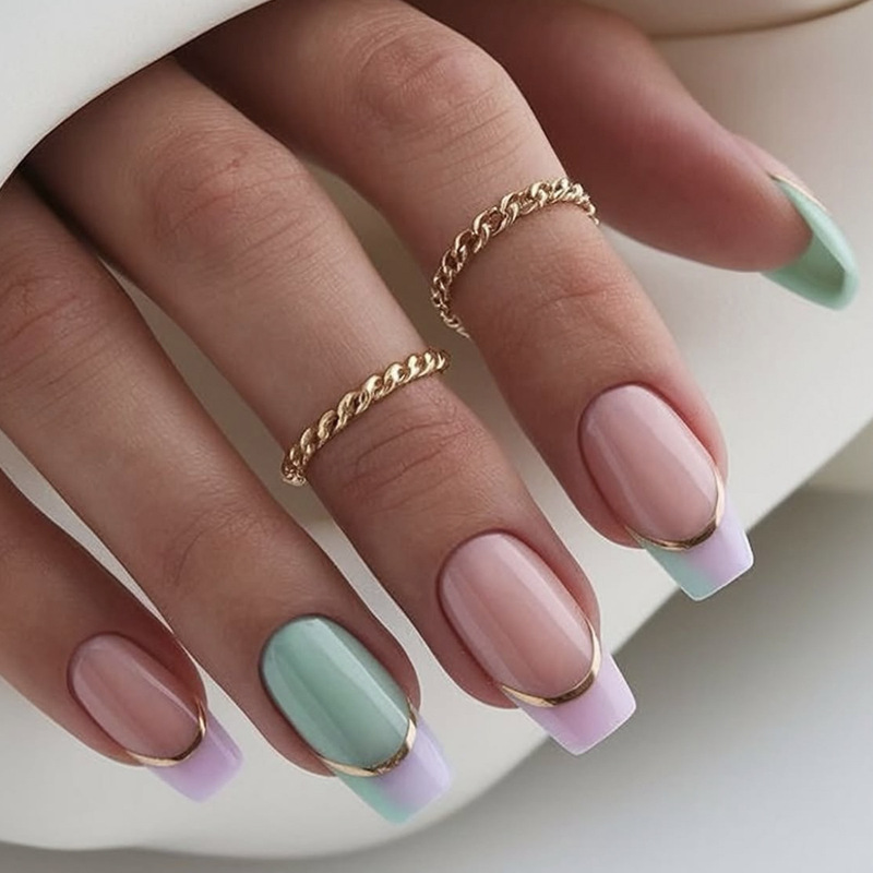 Wear Square Light Green Gradient Purple Gold Line French Edge Design Removable Fake Nails