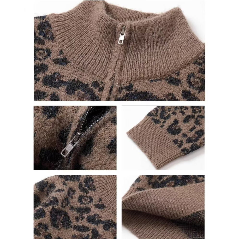 Explosiones transfronterizas de tamaño europeo de tamaño grande leopardo cardigán chaqueta jersey jersey hombre alto otoño invierno fábrica de suéter al por mayor