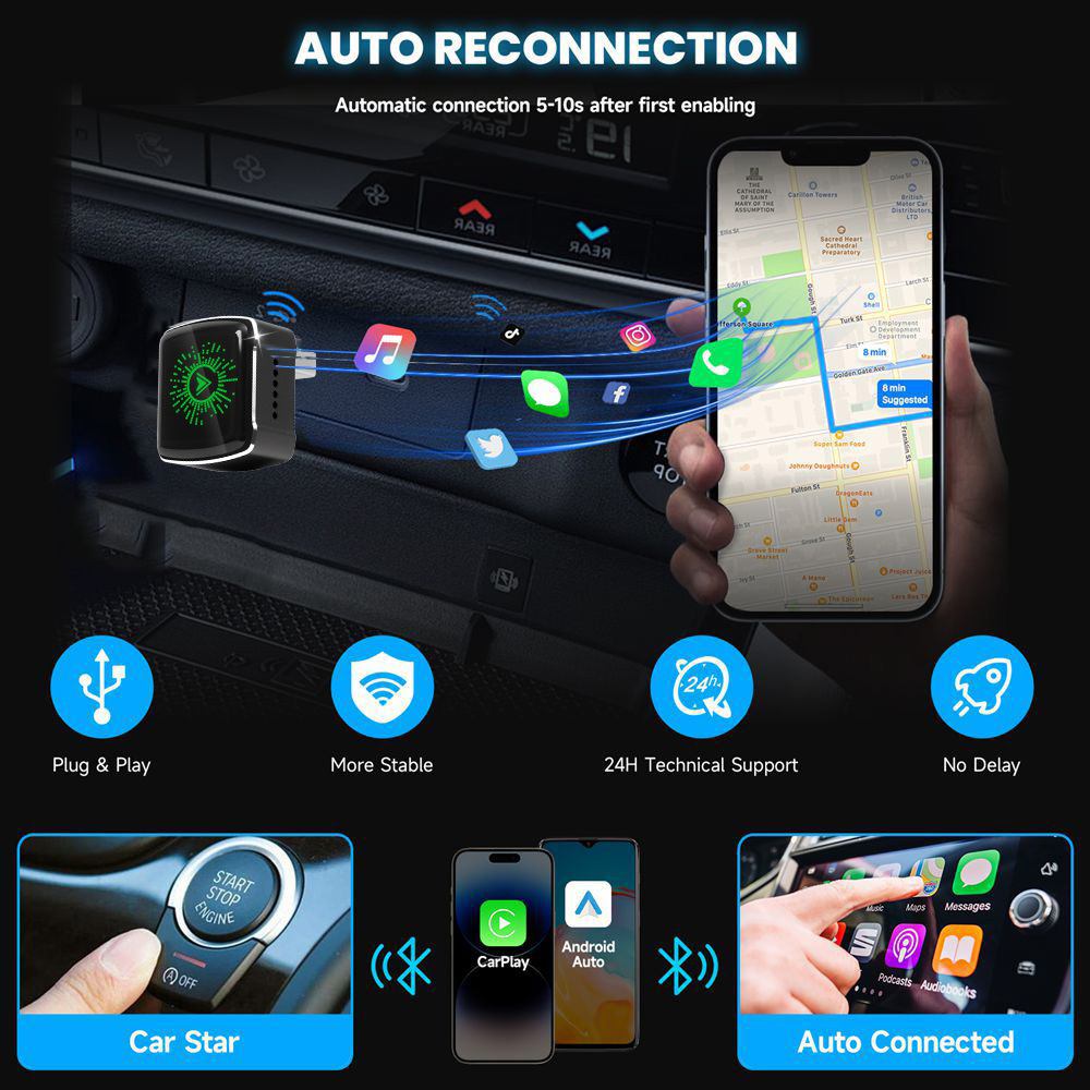 2026 Model Rgb Colorful Light Carplay Box Android Auto Two-In-One Wired to Wireless Adapter