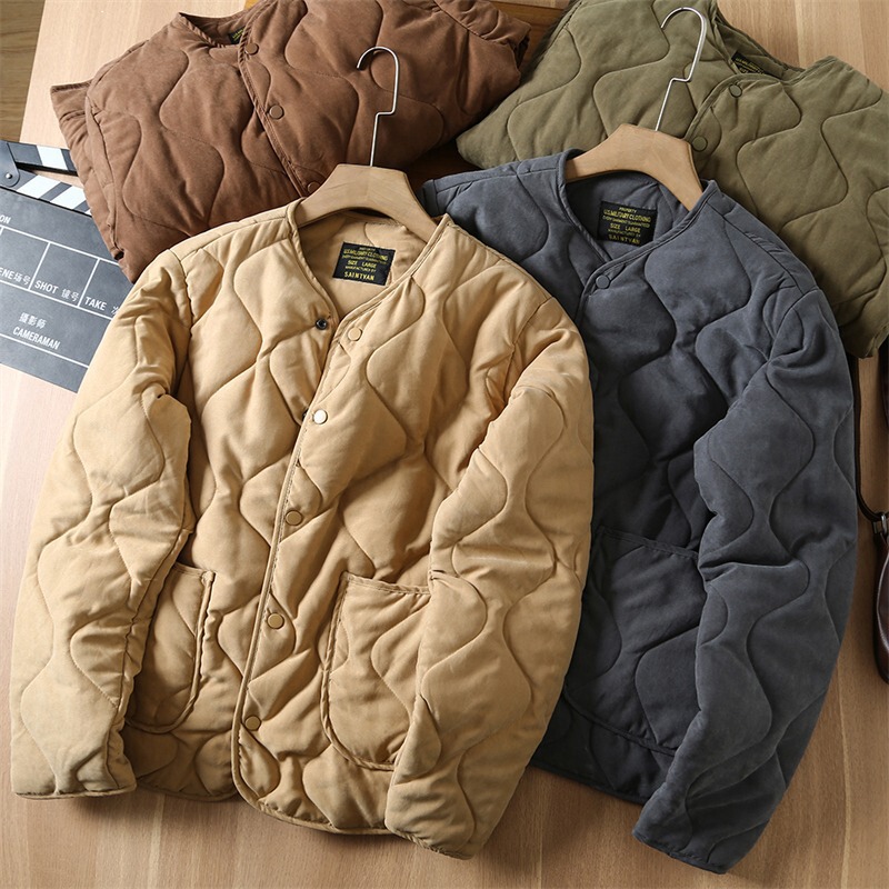 Retro Quilted Jacket Quilted Hunting Autumn and Winter Work Jacket Men's American Khaki American Cotton Jacket Collarless Cotton Jacket