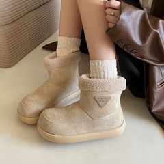 月屿时尚百搭毛毛雪地靴女2025新款复古绒面加绒厚底增高勃肯短靴