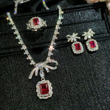 高定重工红刚玉奢华气质蝴蝶结满钻开口戒指女 耳坠吊坠项链套装