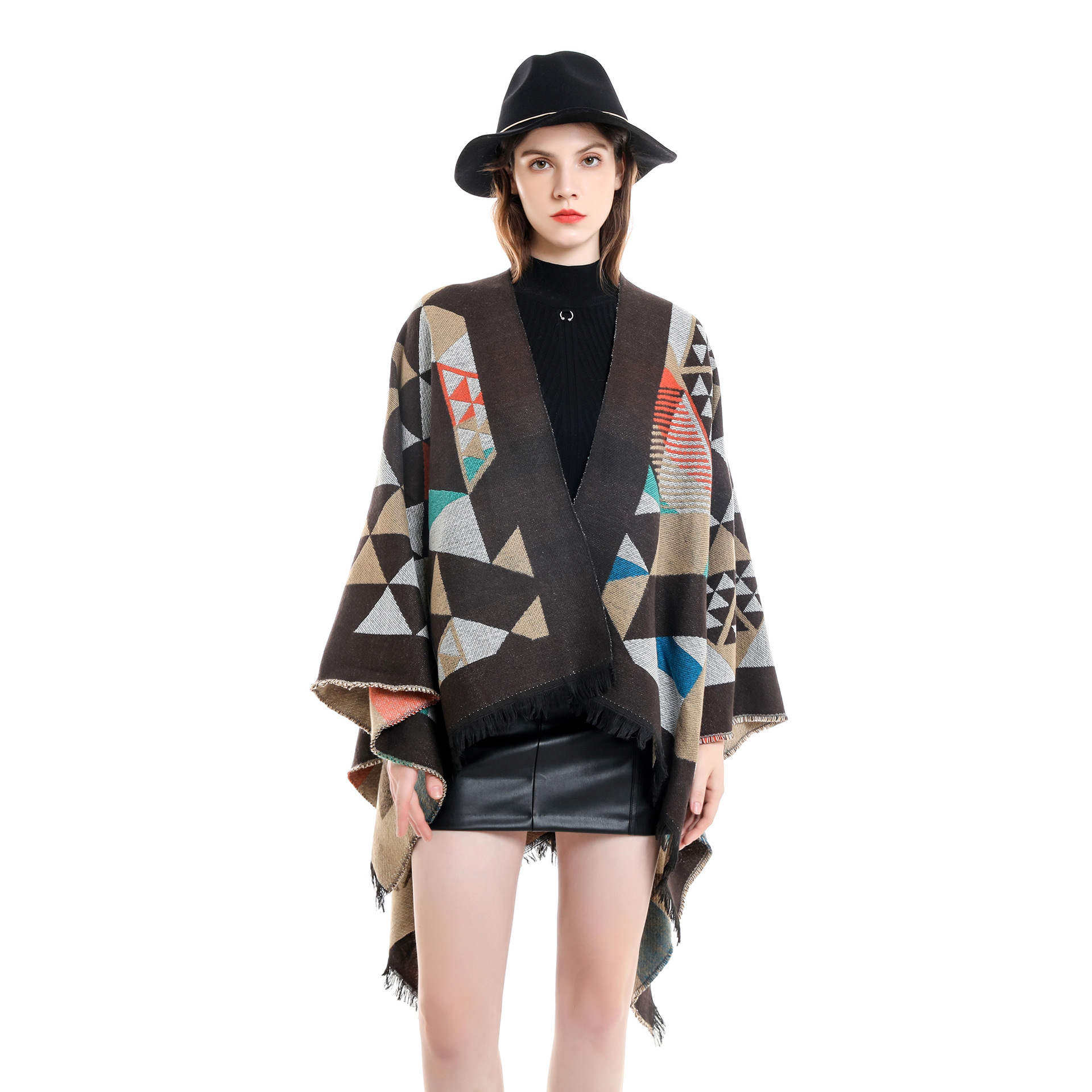 Abrigo chal mujer otoño estilo coreano moda triángulo borde geométrico borla cardigan Otoño e Invierno capa primavera y otoño