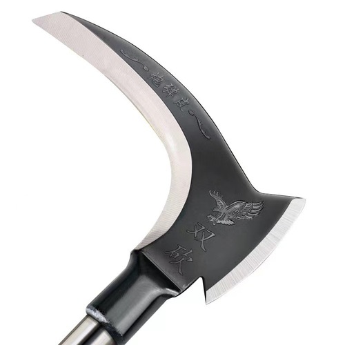 High manganese steel double-sided sickle with long handle, used for harvesting straw and grass, wide fan sickle, dual-purpose for cutting branches and firewood knife