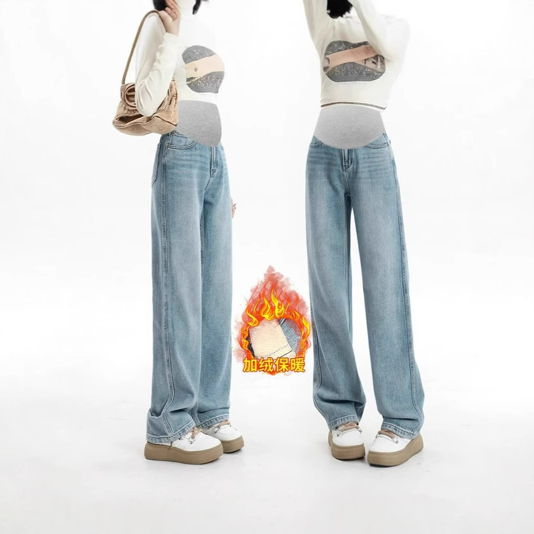 Pregnant Women's Pants Casual Simple Autumn and Winter New fleece-lined Thickened Jeans Outer Wear Trousers Belly Straight Fashionable