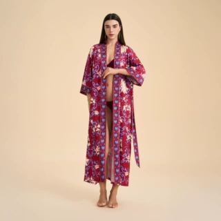 欧美跨境长袖长款宽松舒适和服睡袍睡衣女士印花家居服WP3982