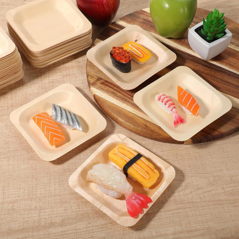 Disposable Japanese-Style Eco-Friendly Dinner Plates, Various Sizes, Birch Wood Bowls, Sushi Plates, Compostable and Biodegradable Tableware