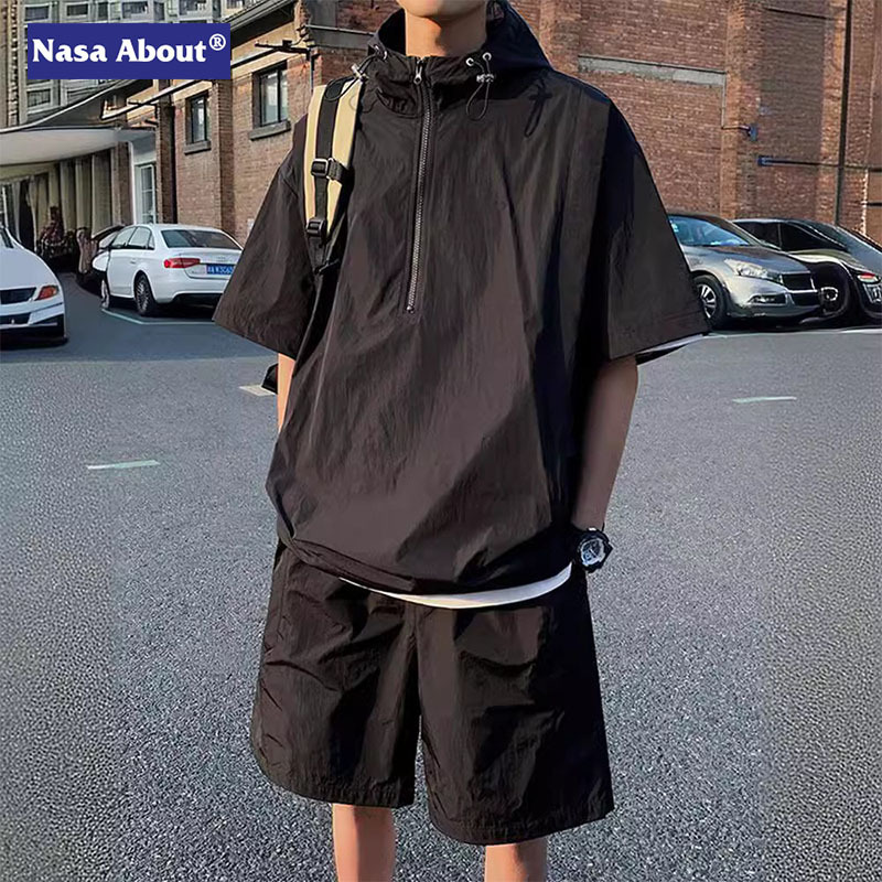 Nasa Workwear Short-Sleeved Suit Men's Ice Silk Thin Hooded Quick-Drying Sun Protection Clothing Quick-Drying Sportswear Suit