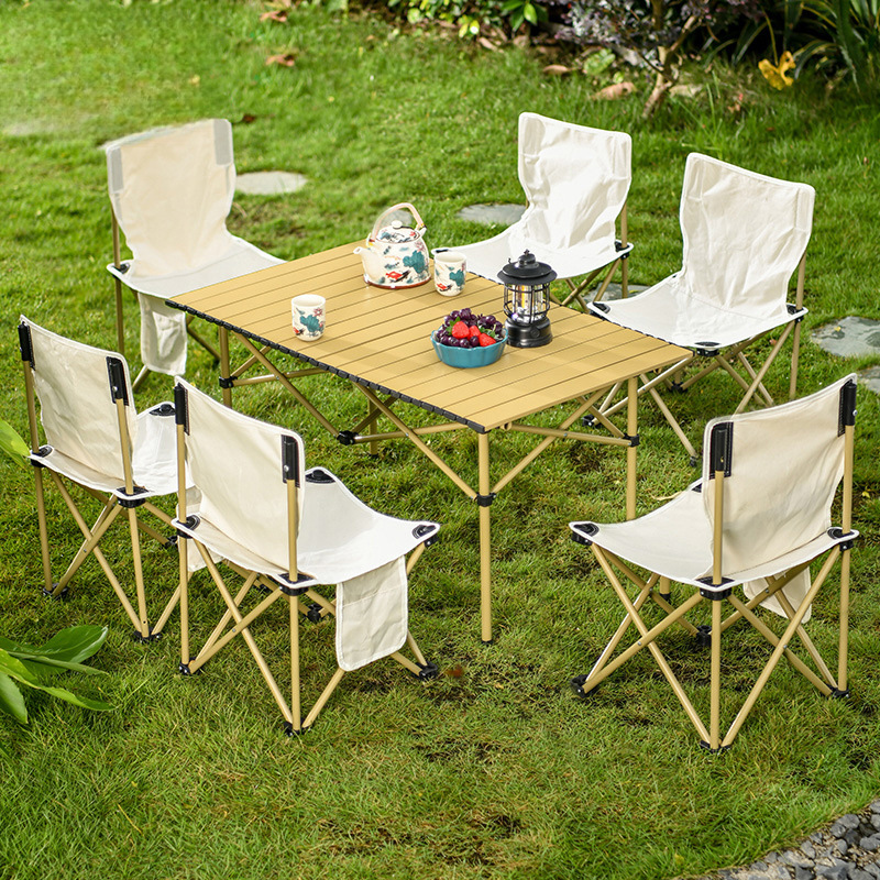Outdoor Table and Chair Picnic Camping Small Table and Chair Courtyard Garden Balcony Backrest Chair Outdoor Portable Folding Mesh Table and Chair