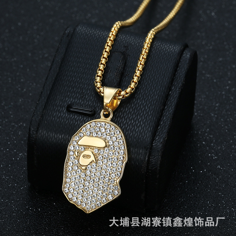 European and American Cross-Border Hip-Hop Hiphop Jewelry Titanium Steel Gold-Plated Diamond Ape Bape Pendant Necklace