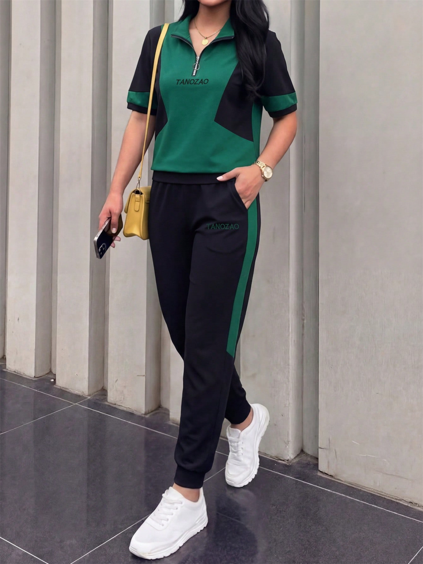 Women's Casual Sportswear Set Spring/Summer Color Blocked Polo Shirt & High Waisted Striped Pants Regular Fit_ecoleips.com