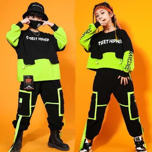 Children green hiphop Street Dance costumes for girls Boys jazz dance rapper singers Hip Hop Drum Performance Clothing Girls' Hiphop Jazz Dance outfits for kids