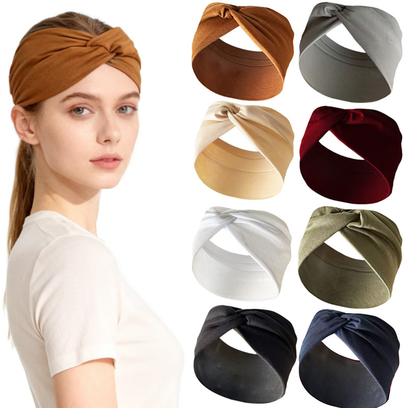 Wide-Brimmed Cross-Over Solid Color Headband for Sports and Yoga, Sweat-Absorbent and Non-Slip Headscarf, Headband, Cross-Border Popular Item in Europe and America
