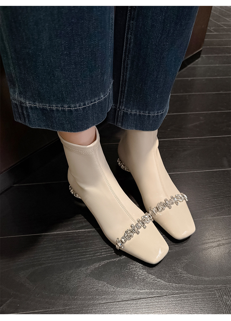 Boot ngắn nữ mũi vuông gót thấp khóa kéo sau chất nhũ đá phong thủy — nhung đen chi tiết 14