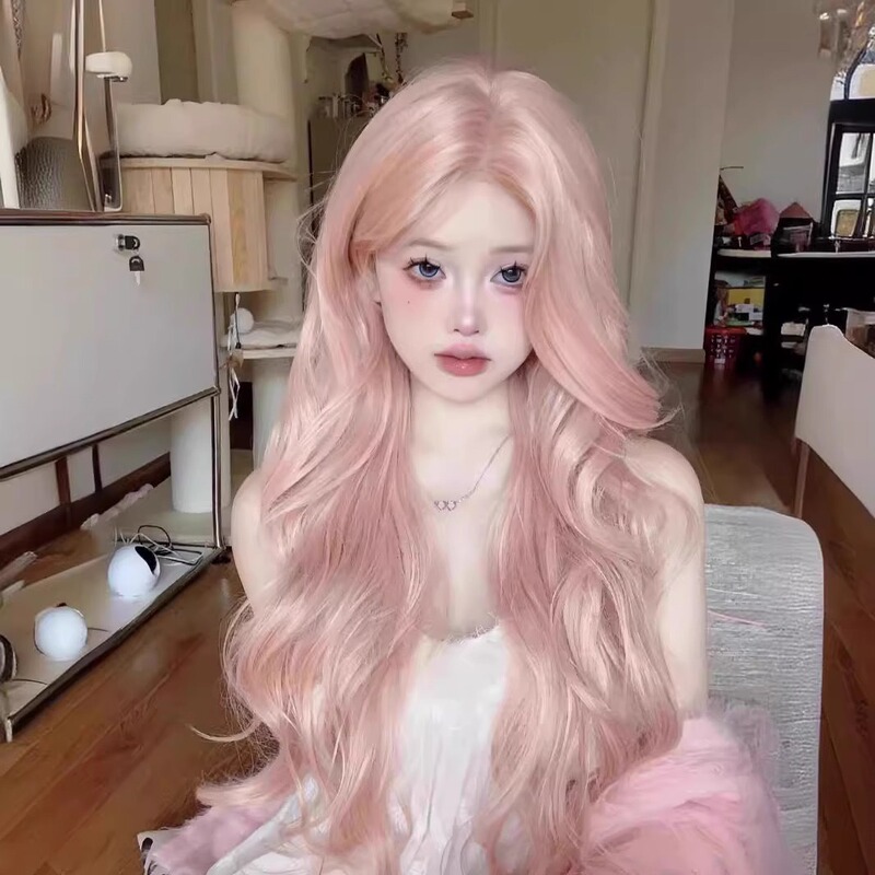 Wig Women's Rose Rose Powder Long Hair with Eight-character Bangs and Big Wave Simulation Long Curly Hair Lolita Full Head Cover