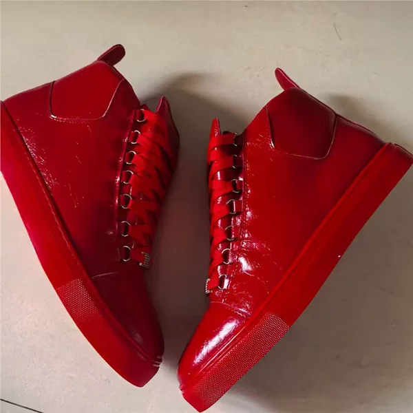 Patent Leather High-Top Men's Shoes, Red Shiny Round-Toe Lace-Up Shoes, Wear-Resistant Outdoor Running Casual Shoes, Small Order Quick Purchase