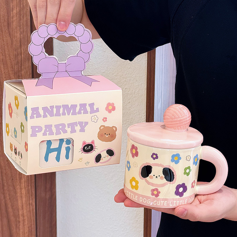 猫マグカップ蓋付きセラミックカップかわいい女性誕生日プレゼント子犬ベアー高颜値オフィスカップ|undefined