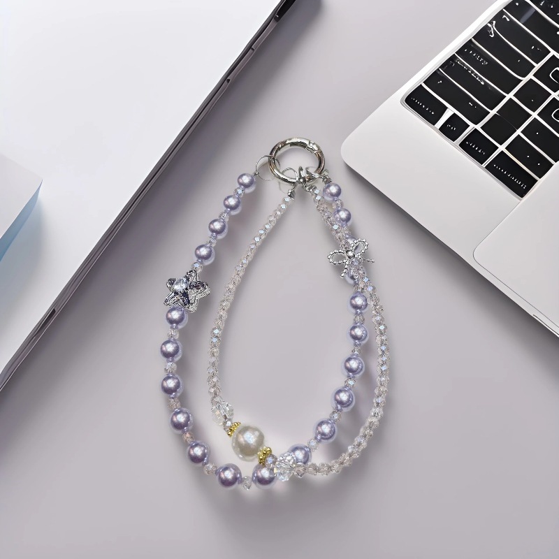 Cordón de teléfono móvil de doble cadena de cristal de moda cordón de muñeca con cuentas de alta gama colgante de estrella llavero de perlas cabello de una pieza