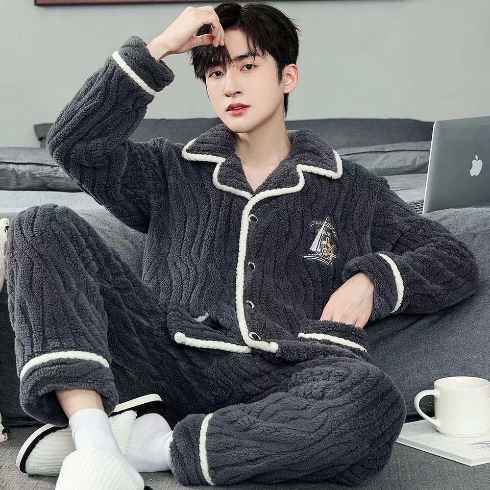 Pijamas de hombre otoño invierno invierno invierno de terciopelo grueso de franela calentamiento coral terciopelo ropa para el hogar set de tamaño grande