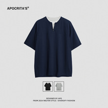 APO男装 |简约纯色短袖男T恤2025夏季新款拉链宽松假两件拼接上衣