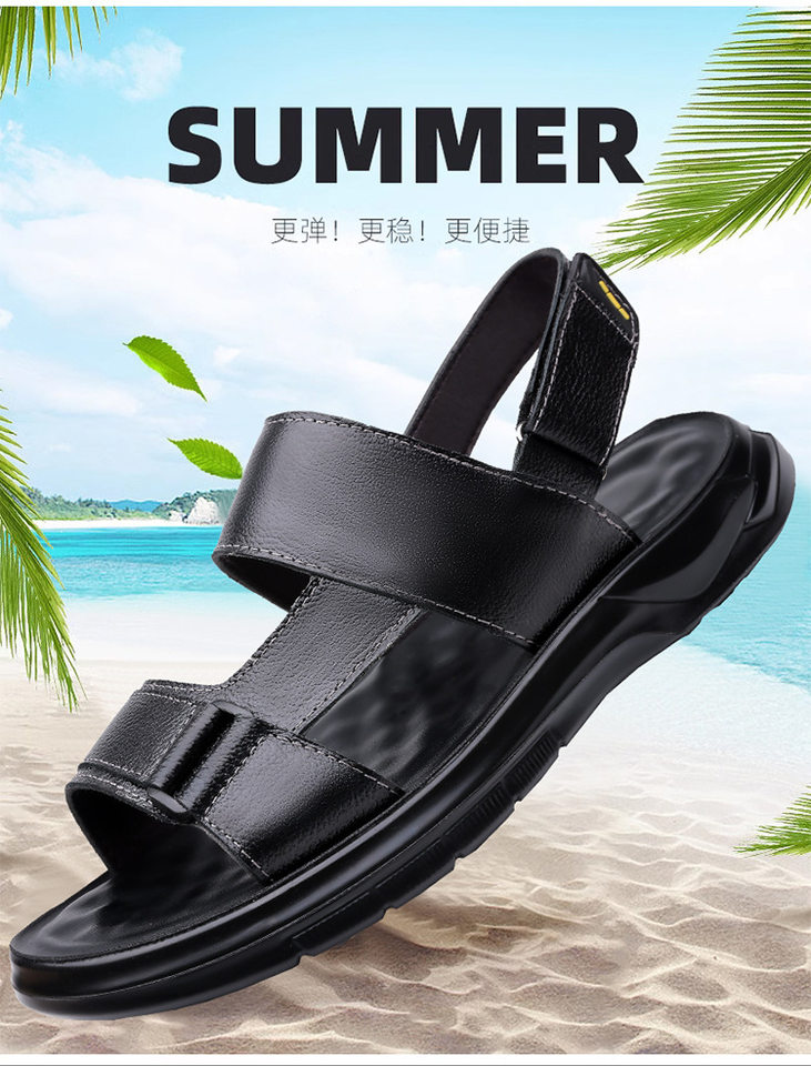 Dép sandal nam da bò đi biển quai dán đế dày mềm — Màu nâu, màu đen chi tiết 2